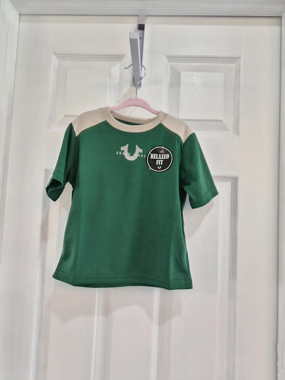 True Religion Green Tee with Cream Shoulder Panels